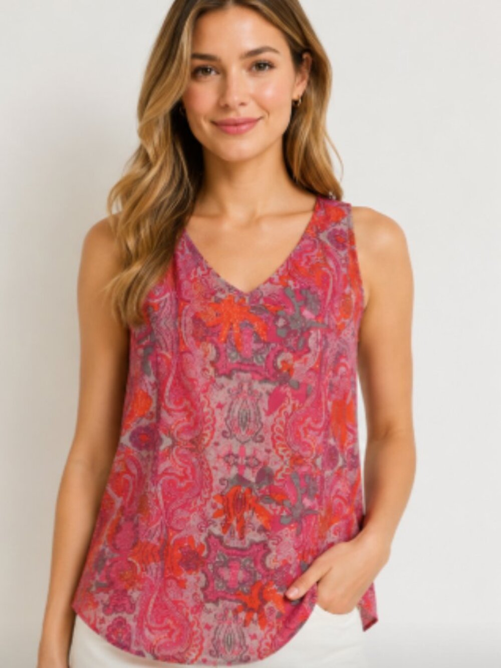 CAbi Pink Paisley Sleeveless V-Neck Blouse – Lightweight & Flowy - SIZE SMALL